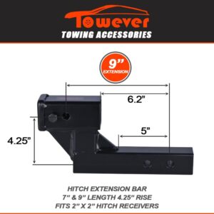 Towever 84122 Towever Receiver Hitch Extender with 4" Drop/Rise, 9" Extension, Hitch Riser Solid Tube (GTW/TW 5000/500 LBS) with Pin and Clip