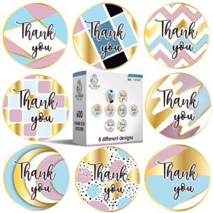 el nido 600pcs 1.5" thank you stickers / 8 different designs with gold foil / 600 thank you stickers per roll/roll sticker supplies for business packaging (8 design roll stickers, 600pcs)