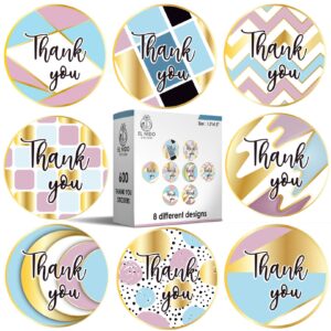 EL Nido 600pcs 1.5" Thank You Stickers / 8 Different Designs with Gold Foil / 600 Thank You Stickers Per Roll/Roll Sticker Supplies for Business Packaging (8 Design Roll Stickers, 600pcs)