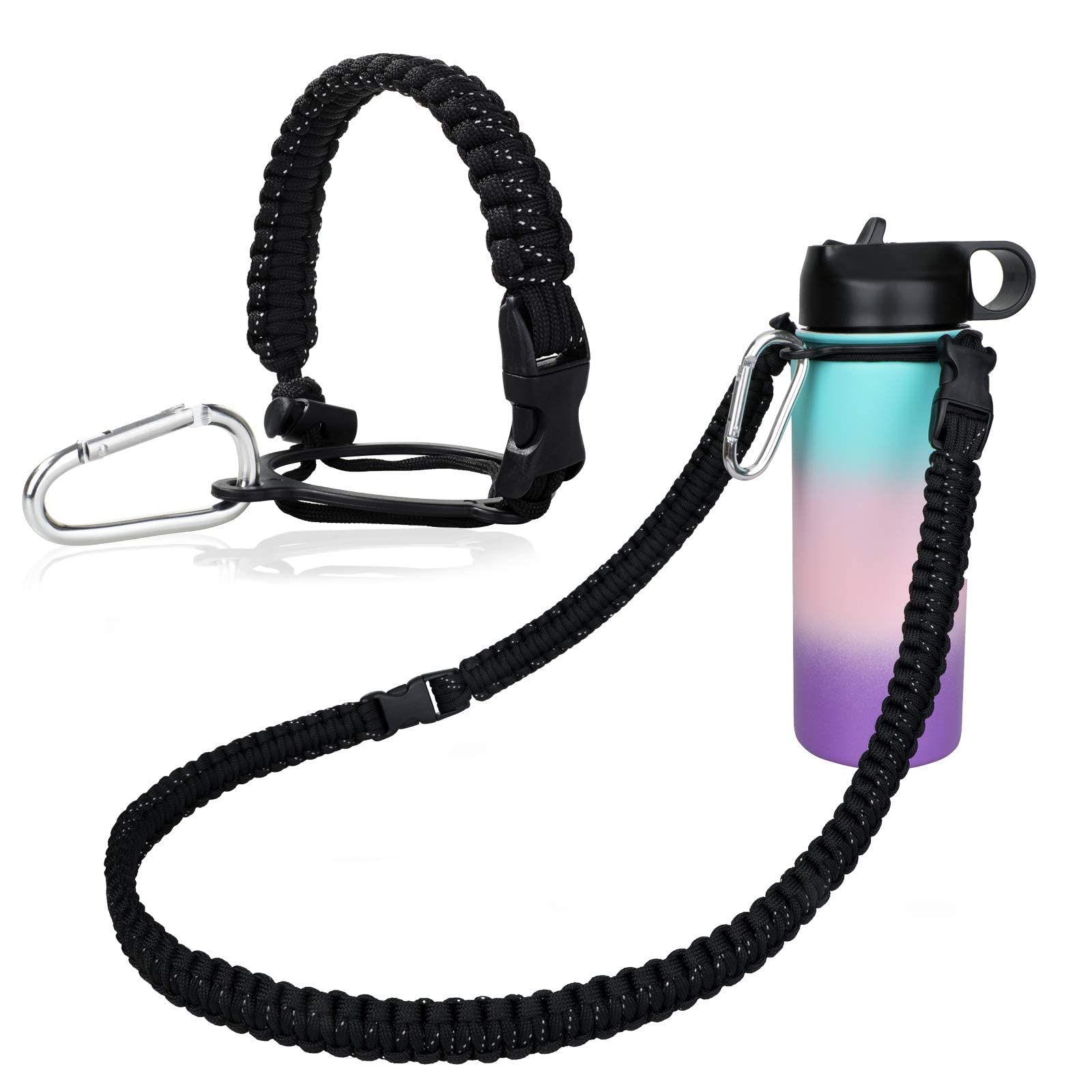 WEREWOLVES Paracord Handle with Shoulder Strap - Fits Wide Mouth Water Bottles 12oz to 64oz - Durable Carrier, Water Bottle Handle Strap with Safety Ring, Compass and Carabiner (Black)