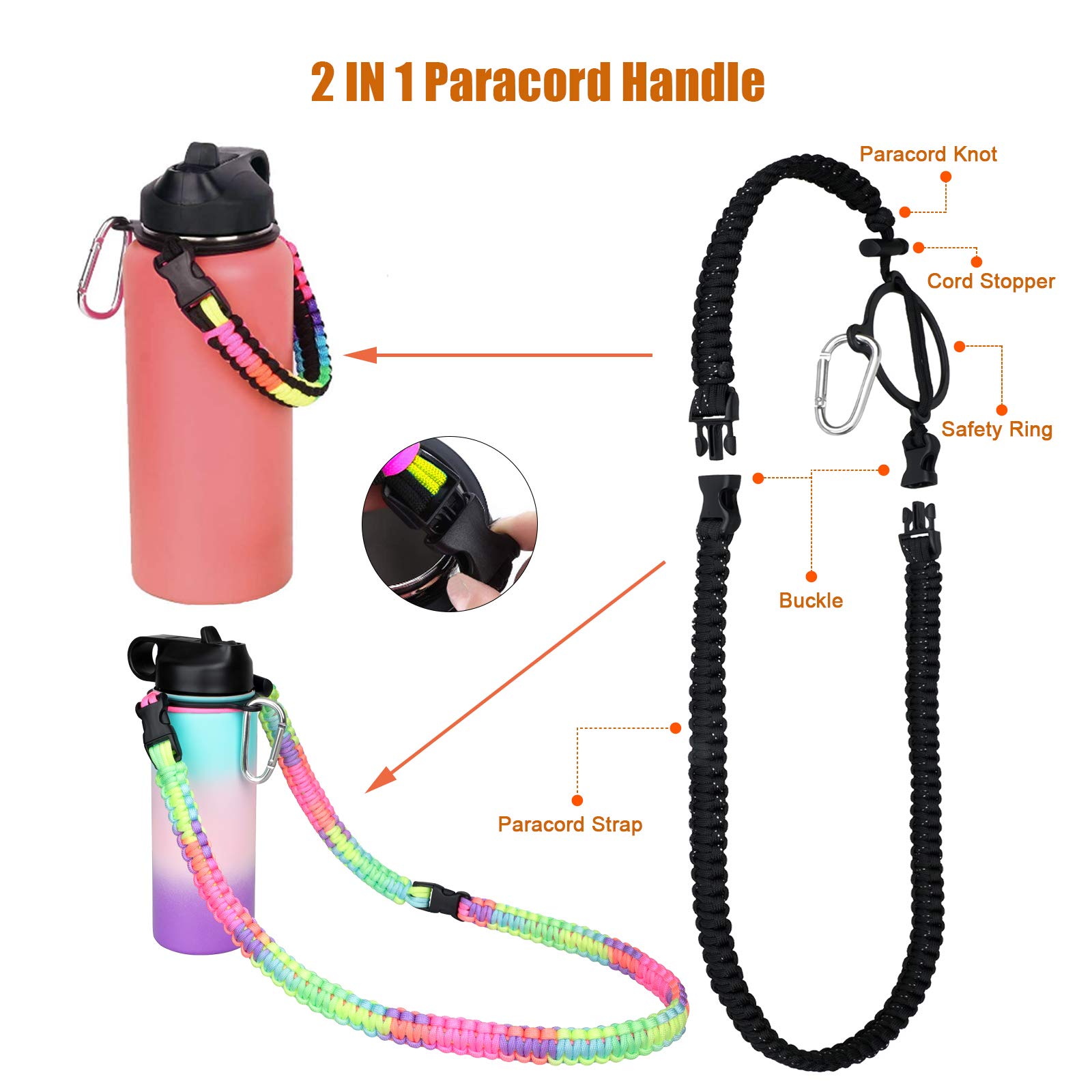 WEREWOLVES Paracord Handle with Shoulder Strap - Fits Wide Mouth Water Bottles 12oz to 64oz - Durable Carrier, Water Bottle Handle Strap with Safety Ring, Compass and Carabiner (Black)