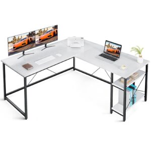 coleshome 55" l shaped computer desk with storage shelves, gaming l desk, writing workstation for home office, space-saving corner table, easy to assemble, white