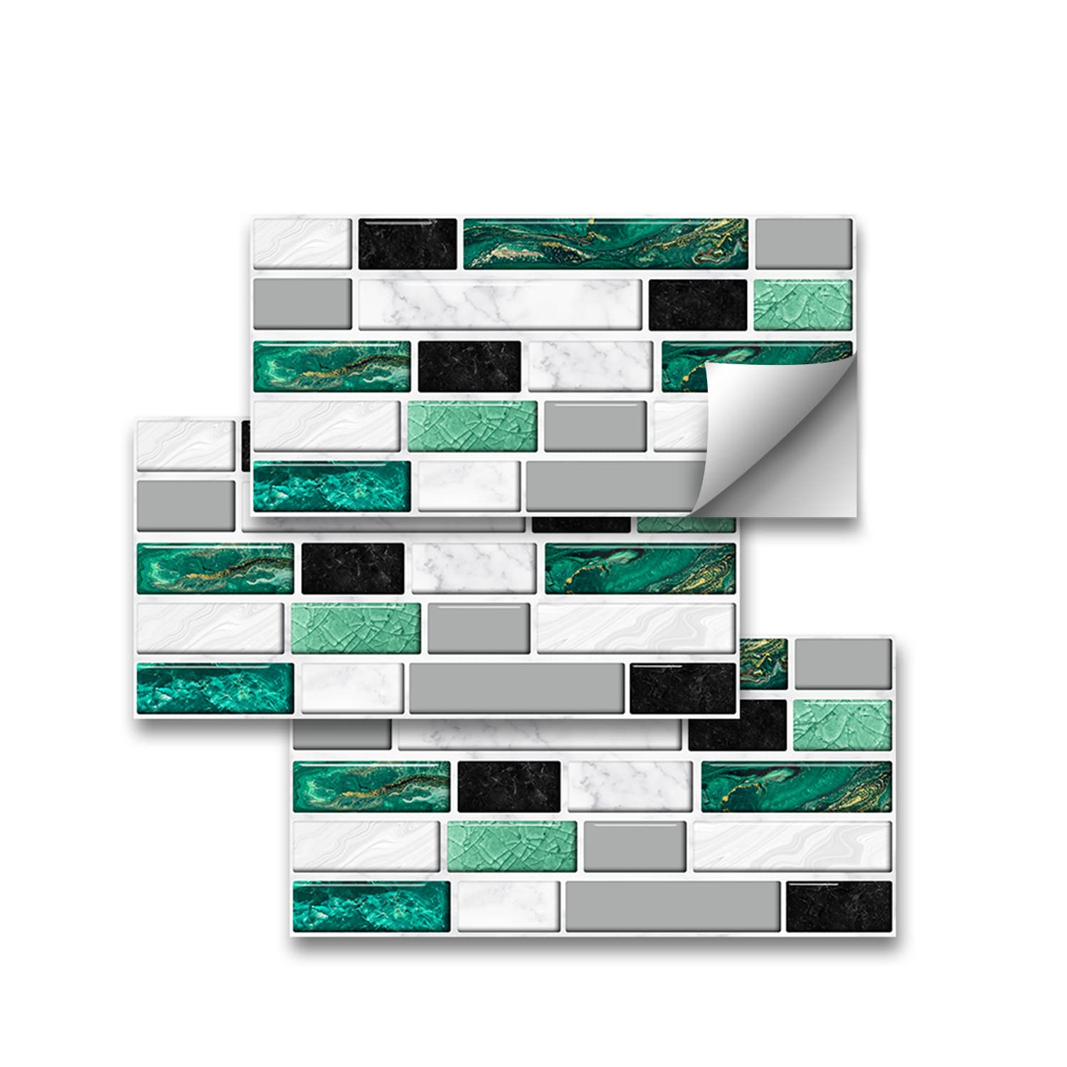 funlife 27Pcs Peel and Stick PVC Green Agate Effect Tile Picture Sticker, Self-Adhesive Non-3D Backsplash Decals for Kitchen Bathroom