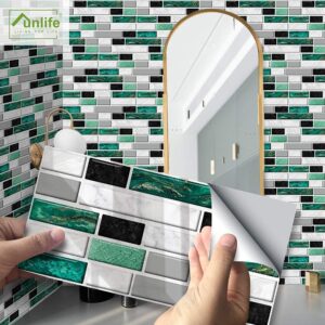 funlife 27Pcs Peel and Stick PVC Green Agate Effect Tile Picture Sticker, Self-Adhesive Non-3D Backsplash Decals for Kitchen Bathroom