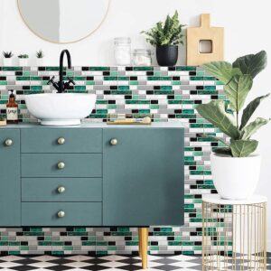 funlife 27Pcs Peel and Stick PVC Green Agate Effect Tile Picture Sticker, Self-Adhesive Non-3D Backsplash Decals for Kitchen Bathroom