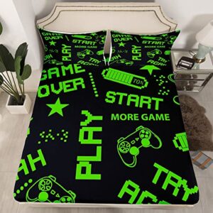 erosebridal games fitted sheet twin size kids boys gamepad gamer bedding set gaming sheet set gifts for christmas bed cover gamer room decor with 1 pillow case green black no flat top sheet
