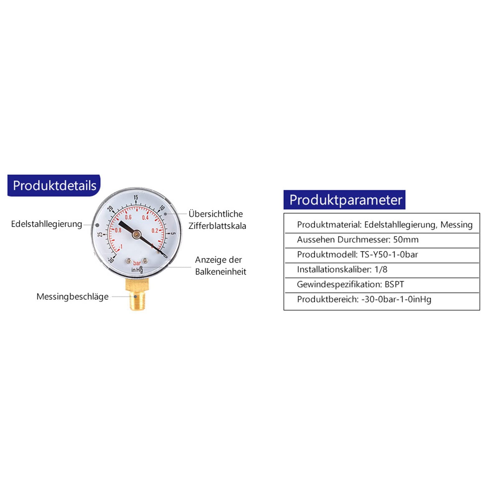 Fafeicy Vacuum Gauge, -1-0Bar -30-0inHg 50mm 1/8 BSPT Bottom Connection for Air Water Oil