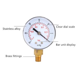 Fafeicy Vacuum Gauge, -1-0Bar -30-0inHg 50mm 1/8 BSPT Bottom Connection for Air Water Oil