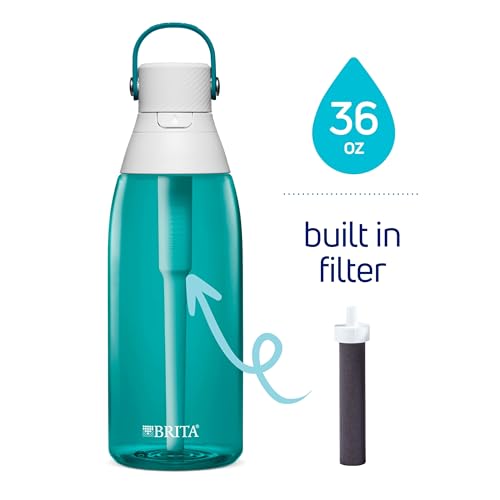 Brita Hard-Sided Plastic Premium Filtering Water Bottle, BPA-Free, Reusable, Replaces 300 Plastic Water Bottles, Filter Lasts 2 Months or 40 Gallons, Includes 1 Filter, Sea Glass - 36 oz.