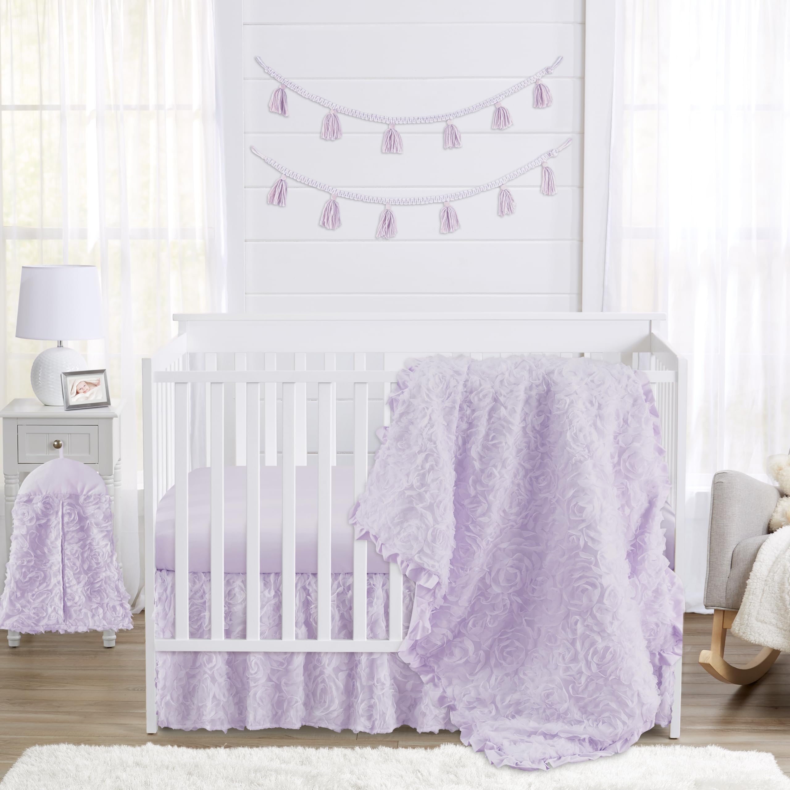 Sweet Jojo Designs Purple Floral Rose Baby Girl Nursery Crib Bedding Set - 4 Pieces - Solid Light Lavender Flower Luxurious Elegant Princess Vintage Boho Shabby Chic Luxury Glam High End Ruffle Roses