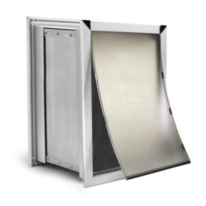 extreme dog door pure aluminum extra large dog door for wall, xl pet door for wall with sliding lockout panel, expanding box tunnels, and easy to install metal frame for big dog breeds and cats
