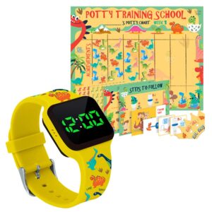 ATHENA FUTURES Potty Training Count Down Timer Watch with Lights and Music - Rechargeable, Dinosaur Yellow Band and Potty Training Chart for Toddlers - Dinosaur with Kids Cartoon - Sticker Chart