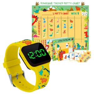 athena futures potty training count down timer watch with lights and music - rechargeable, dinosaur yellow band and potty training chart for toddlers - sticker chart, 4 week reward chart