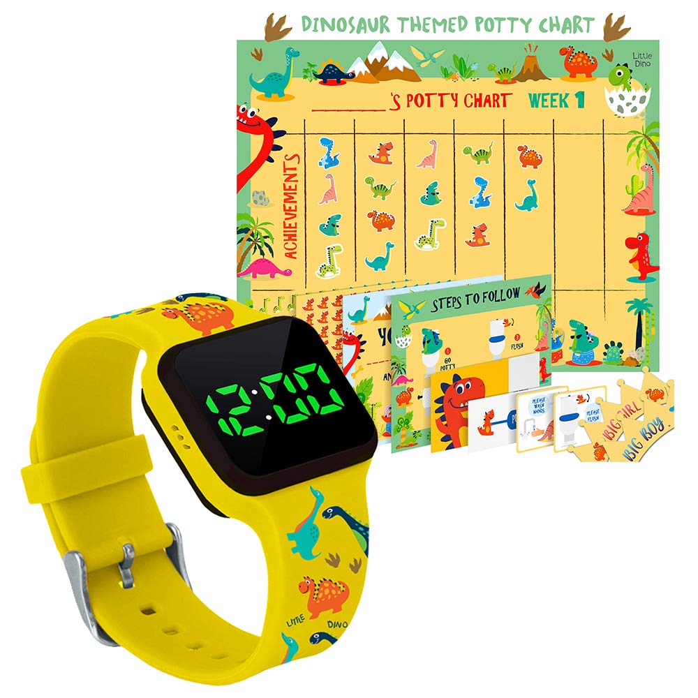 ATHENA FUTURES Potty Training Count Down Timer Watch with Lights and Music - Rechargeable, Dinosaur Yellow Band and Potty Training Chart for Toddlers - Sticker Chart, 4 Week Reward Chart