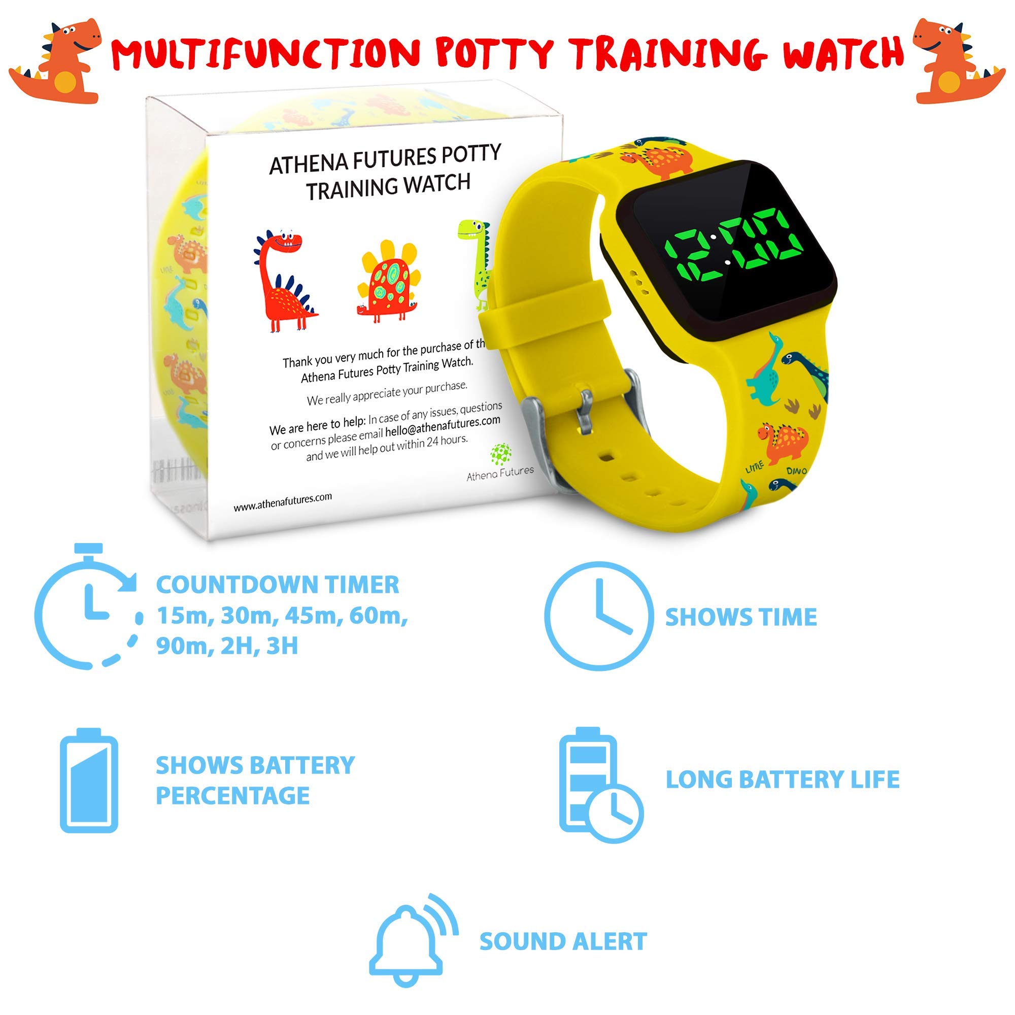 ATHENA FUTURES Potty Training Count Down Timer Watch with Lights and Music - Rechargeable, Dinosaur Yellow Band and Potty Training Chart for Toddlers - Sticker Chart, 4 Week Reward Chart