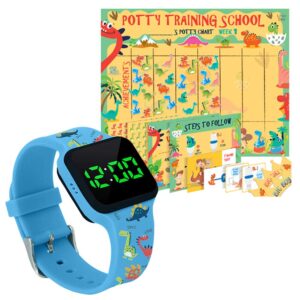 athena futures potty training timer watch with flashing lights and music tones and potty training chart for toddlers - dinosaur and kids design
