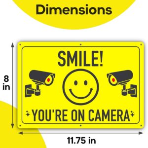 ASSURED SIGNS Smile You're On Camera Sign - 11.75 X 8 Inch - 2 Pack - Ideal Aluminum Video Surveillance Security Signs to Prevent Trespassing on Private Property - Perfect for House, Business, Yard or Private Driveway