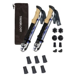 trekology trek-z (blue 100-120cm) trekking hiking poles / 6 pc replacement rubber tips - collapsible folding walking sticks,adjustable quick flip-lock, foldable trekking poles for hiking.