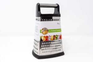 4-sided cheese grater stainless steel with strong grip and sharp blades professional box design with perfect slicer, shredder & zester for fruits, vegetables, cheeses, carrot etc.