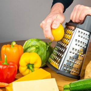 4-Sided Cheese Grater Stainless Steel with Strong Grip and Sharp Blades Professional Box Design with Perfect Slicer, Shredder & Zester For Fruits, Vegetables, Cheeses, Carrot Etc.