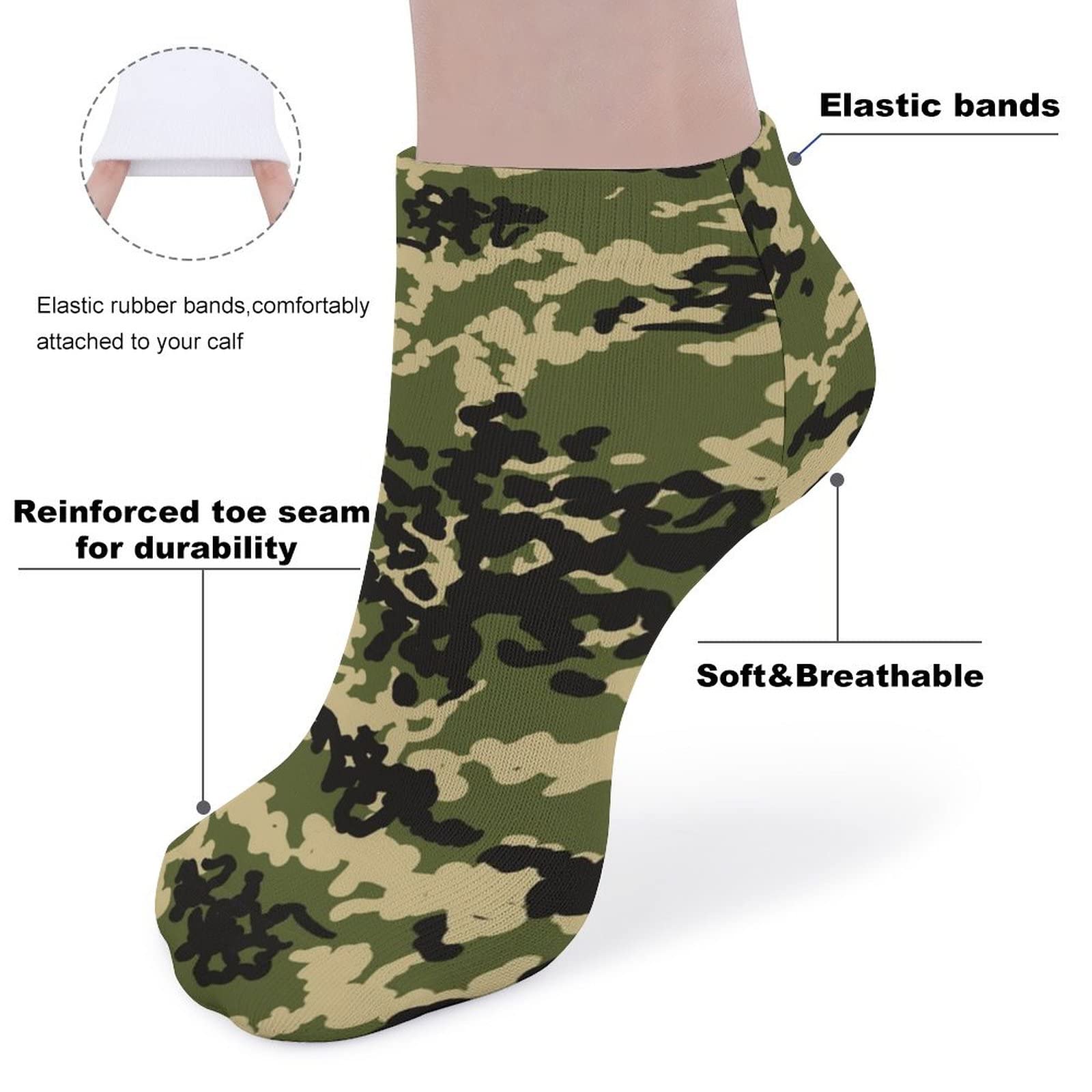 Mens Boys Ankle Low Cut No Show Socks Army Green Camouflage Funny Saying Colorful Crazy Cool Casual Sports Short Tab Socks Gift Black