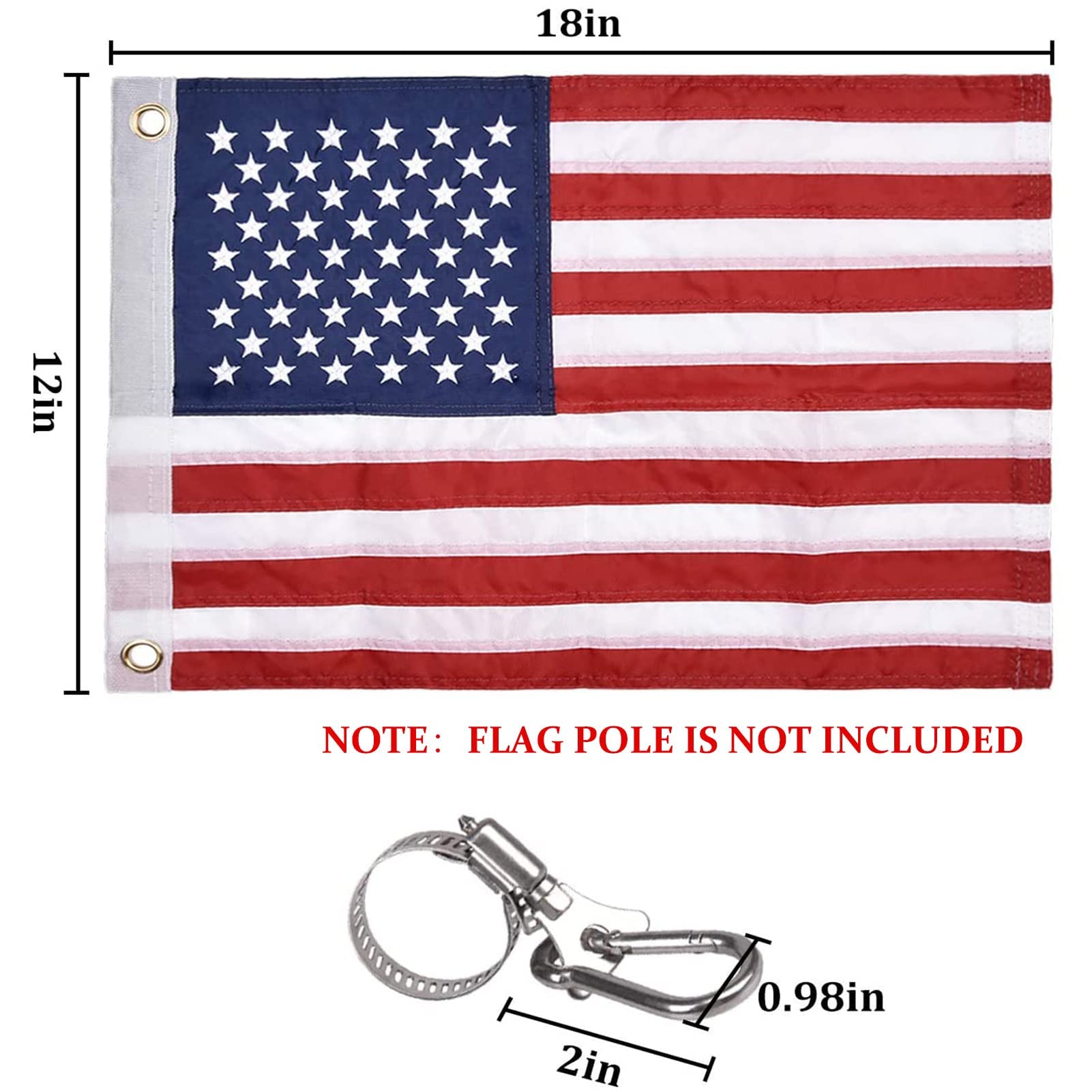 Universal Boat Flag Marine 12"x18" with 4 Boat Flag Pole Kits USA Flag with 50 Embroidered Stars American Boat Flag