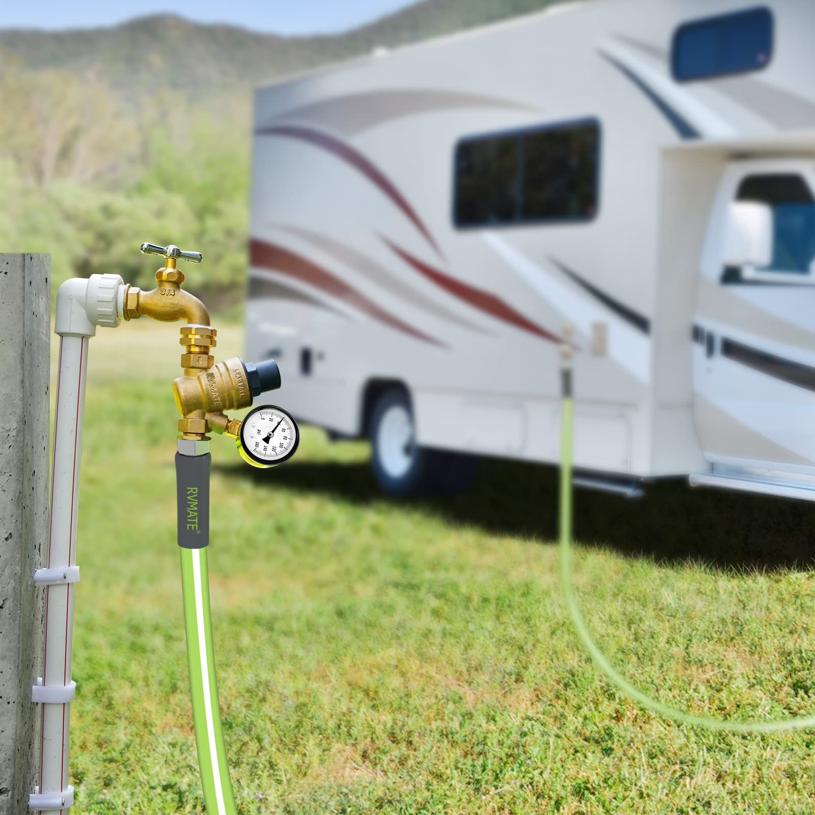 RVMATE RV Water Pressure Regulator, Brass Lead-Free Water Pressure Reducer Kit, Adjustable Valve with Inlet Screen Filter, for Camper Travel Trailer