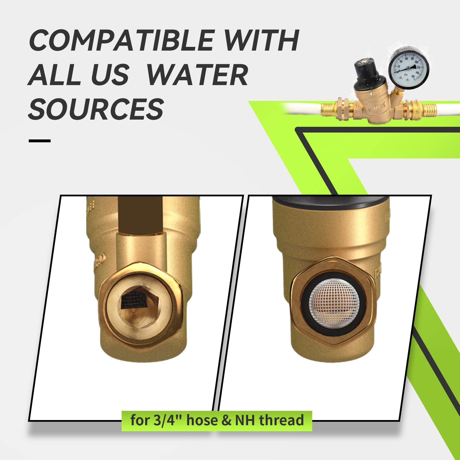 RVMATE RV Water Pressure Regulator, Brass Lead-Free Water Pressure Reducer Kit, Adjustable Valve with Inlet Screen Filter, for Camper Travel Trailer