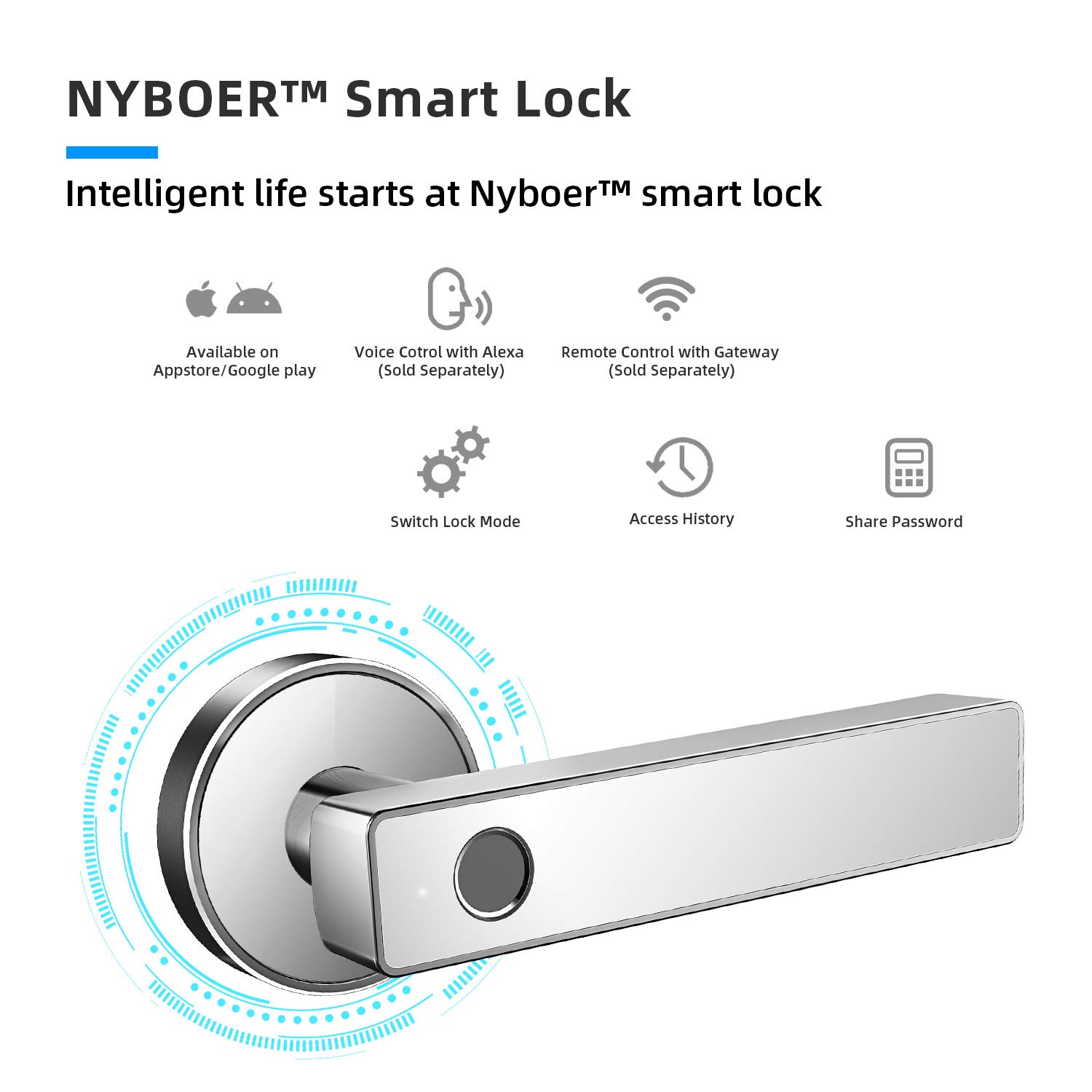 Keyless Entry Door Lock Smart Biometric Fingerprint Door Lock Safe Front Door Handle with Fingerprint Bluetooth App Key Unlock for Home Office Apartment Garage School Wooden Door by Nyboer (White)