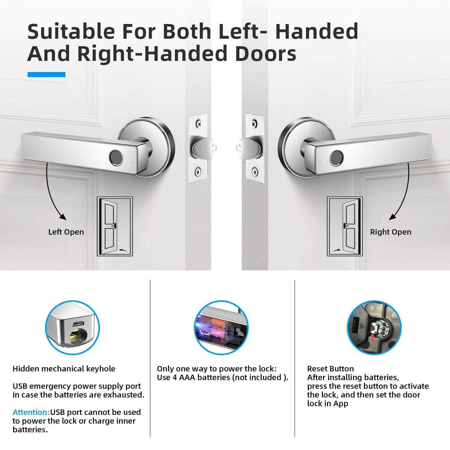 Keyless Entry Door Lock Smart Biometric Fingerprint Door Lock Safe Front Door Handle with Fingerprint Bluetooth App Key Unlock for Home Office Apartment Garage School Wooden Door by Nyboer (White)