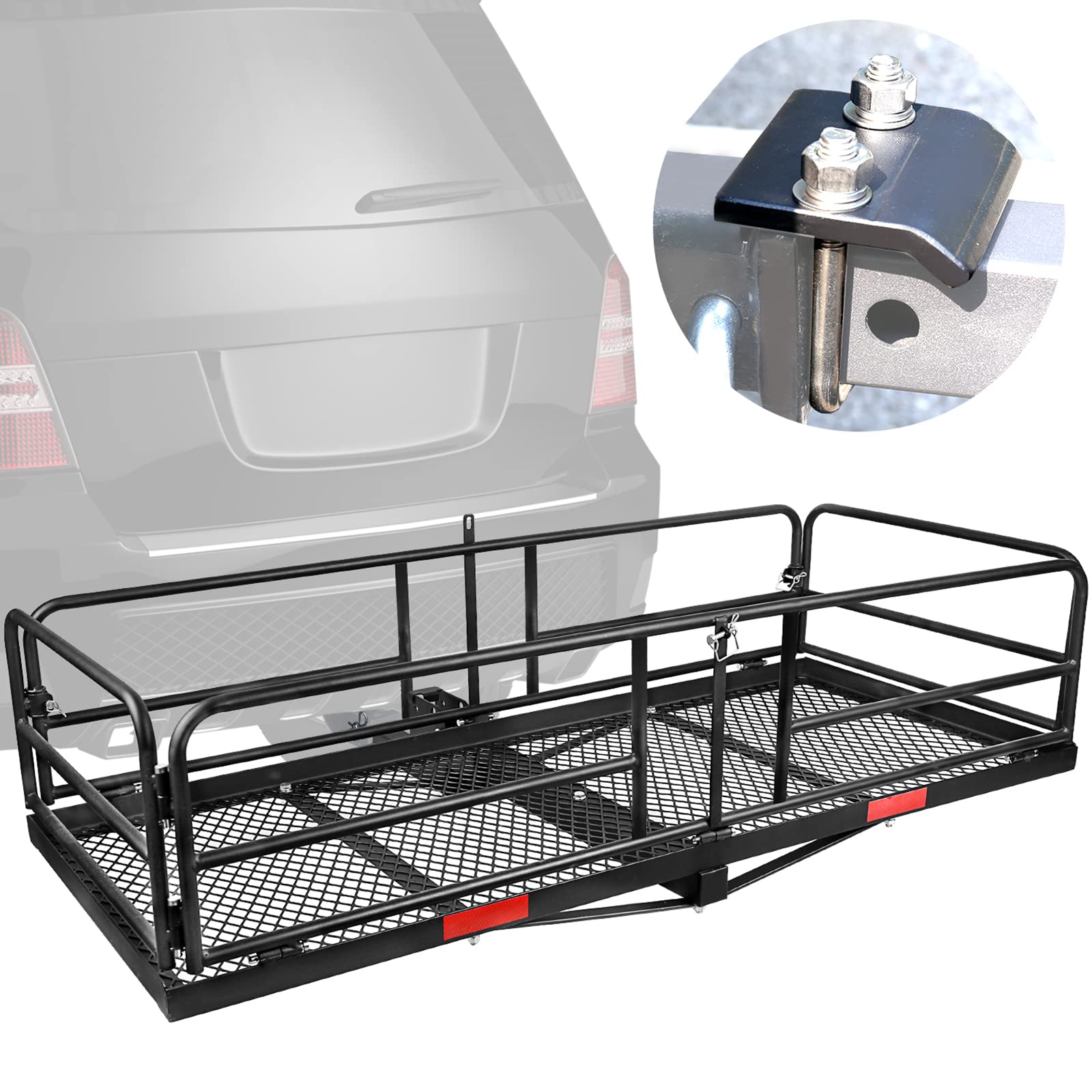 XCAR Hitch Mount Cargo Carrier Rack High Side 59" x 24" x 14" Folding Rear Luggage Basket Fits 2" Receiver for Car SUV Camping Traveling