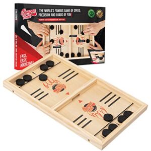 bungee table - large fast sling puck game - fast-paced fun for a family game night or for a party with friends - test your speed and accuracy with this wooden hockey board game, 2 players