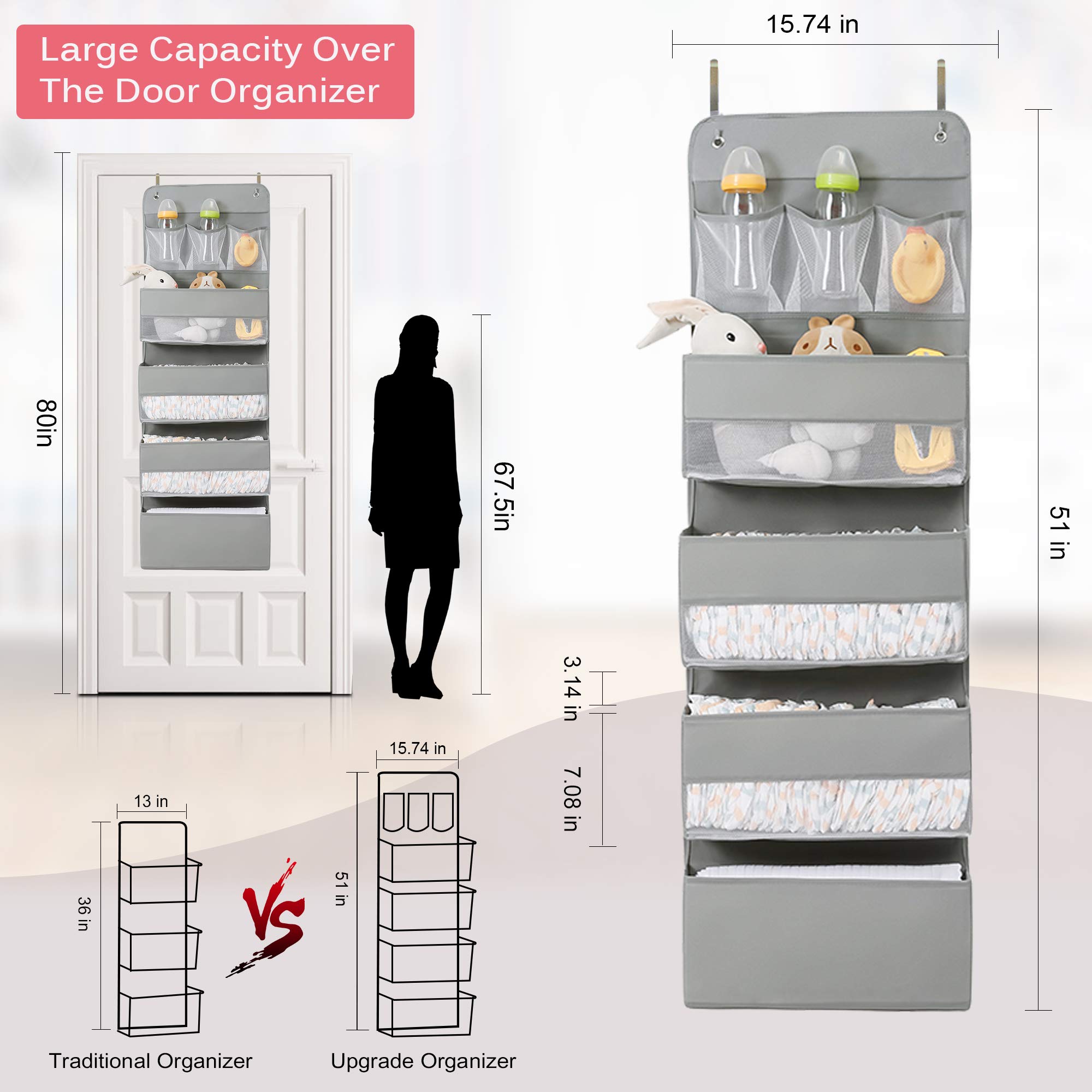 Jay-Chi Over Door Hanging Organizer Storage - 7 Large Pockets Closet Bathroom Baby Nursery Organizer Perspective Window Wall Mount Rack for Clothes Toys Sundries(Grey)