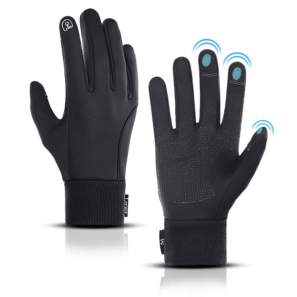 LERWAY Winter Warm Gloves, Thermal Black Warm Gloves for Men Women Waterproof Touchscreen Non-Slip Gloves for Driving, Cycling(L)