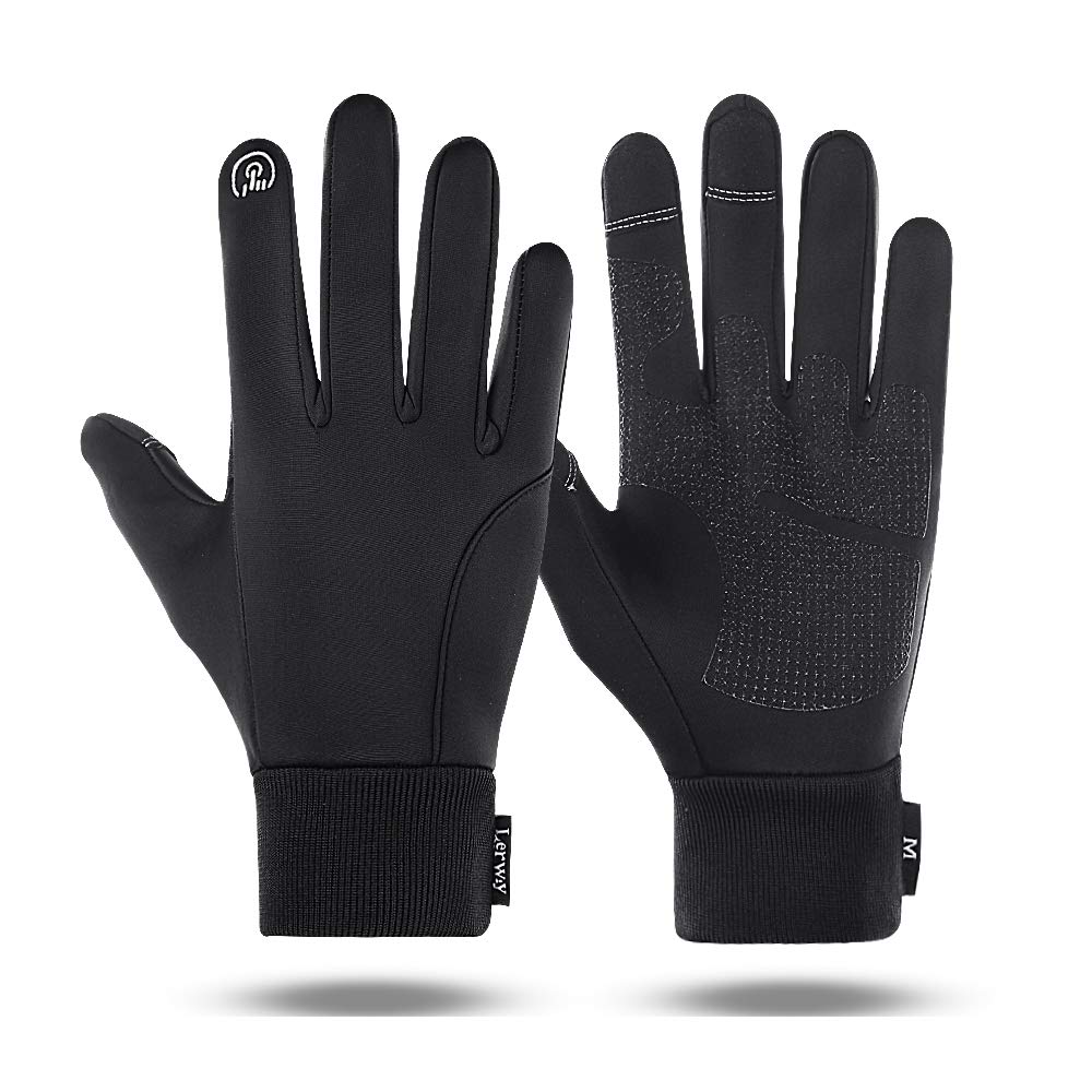 LERWAY Winter Warm Gloves, Thermal Black Warm Gloves for Men Women Waterproof Touchscreen Non-Slip Gloves for Driving, Cycling(L)