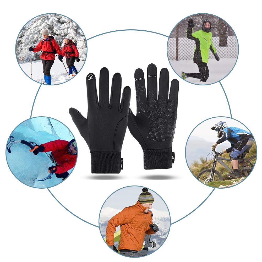 LERWAY Winter Warm Gloves, Thermal Black Warm Gloves for Men Women Waterproof Touchscreen Non-Slip Gloves for Driving, Cycling(L)