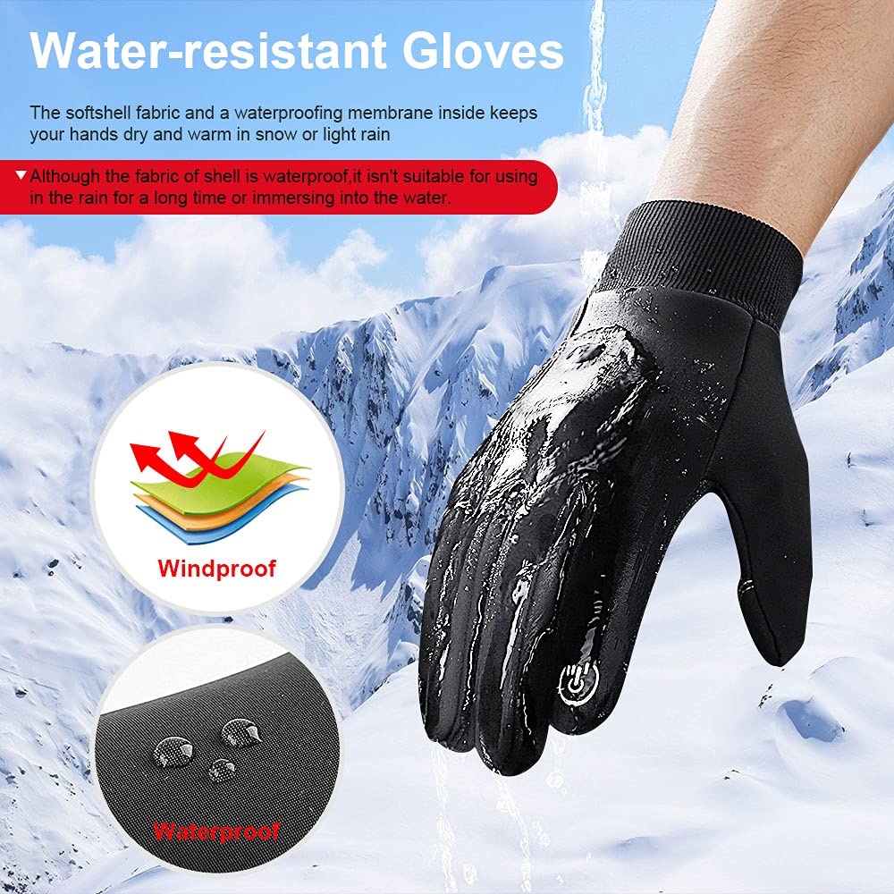 LERWAY Winter Warm Gloves, Thermal Black Warm Gloves for Men Women Waterproof Touchscreen Non-Slip Gloves for Driving, Cycling(L)