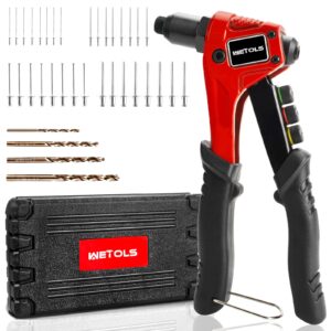 wetols rivet gun kit with 200 blind rivets(04/07/2024 upgraded) pop rivet gun kit with 4 interchangeable rivet heads and 4 drill bits, manual single hand riveter with sturdy bmc carrying case
