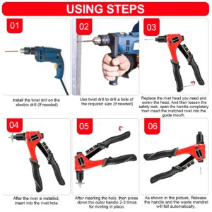 WETOLS Rivet Gun Kit with 200 Blind Rivets(04/07/2024 Upgraded) Pop Rivet Gun Kit with 4 Interchangeable Rivet Heads and 4 Drill Bits, Manual Single Hand Riveter with Sturdy BMC Carrying Case