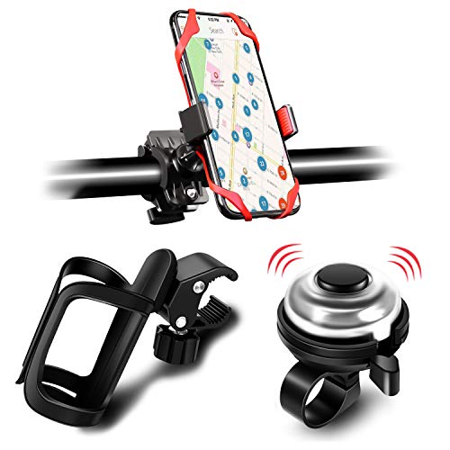 KITHELP 3 Pack Bike Water Bottle Holder, Silicone Phone Holder Secure, Aluminum Bike Bell, 360° Cu