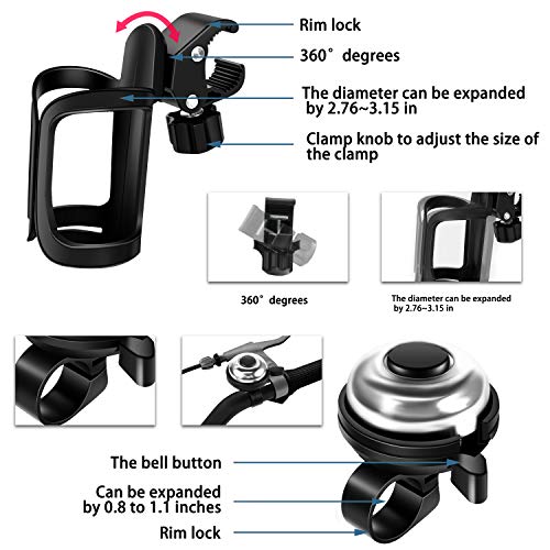 KITHELP 3 Pack Bike Water Bottle Holder, Silicone Phone Holder Secure, Aluminum Bike Bell, 360° Cu