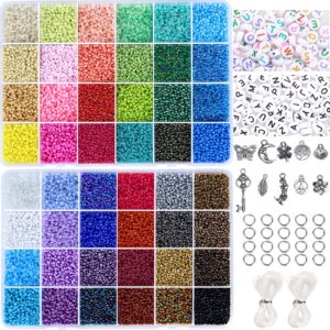 greentime 45000pcs 2mm seed beads for jewelry making kit small beads 11/0 rainbow beads with letter beads, jump rings & charms pendants for diy crafts bracelets necklaces rings waist beads kit