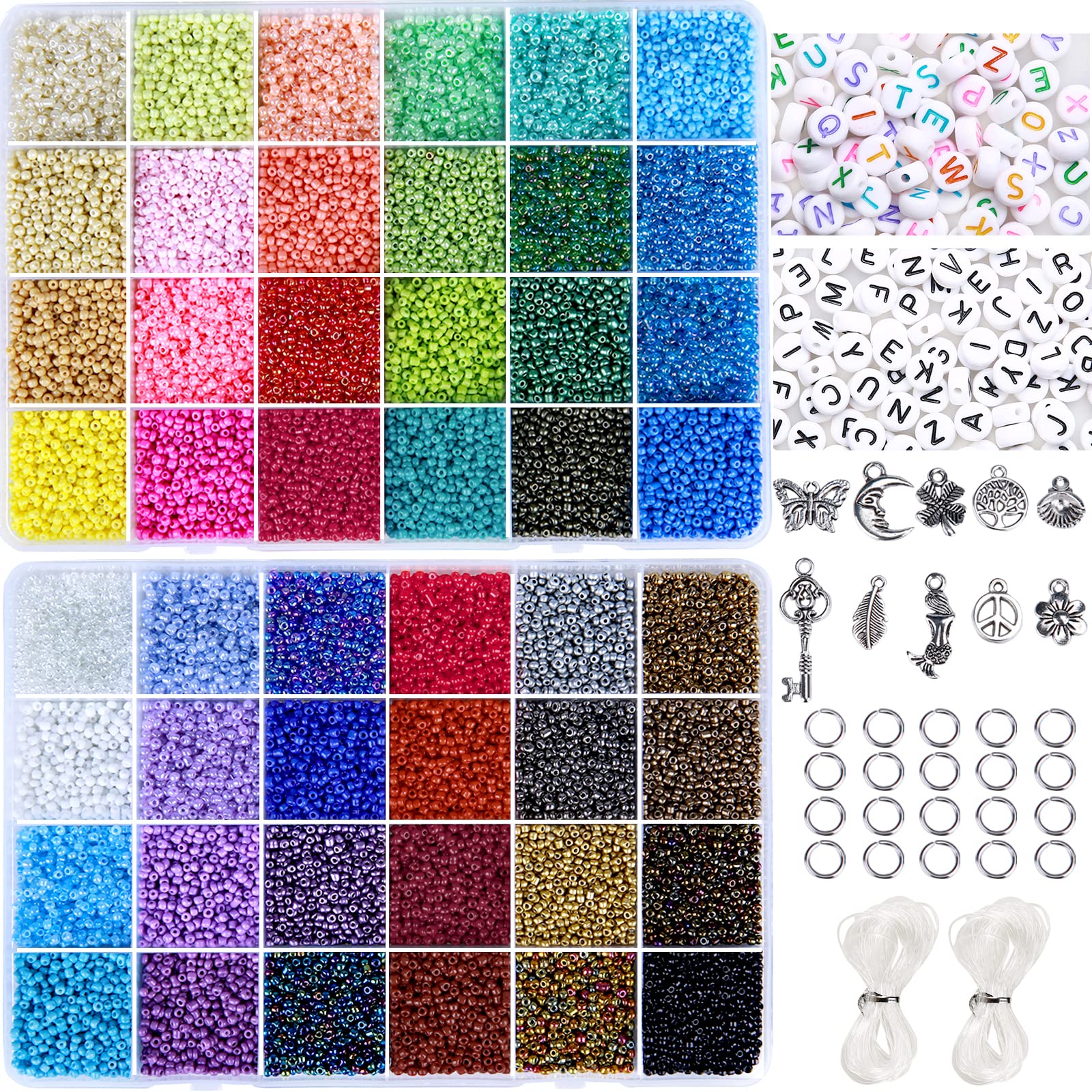 GREENTIME 45000pcs 2mm Seed Beads for Jewelry Making Kit Small Beads 11/0 Rainbow Beads with Letter Beads, Jump Rings & Charms Pendants for DIY Crafts Bracelets Necklaces Rings Waist Beads kit