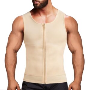 Eleady Men's Compression Shirt Undershirt Slimming Body Shaper Athletic Workout Shirts Tank Top Sport Vest with Zipper (Beige, Medium)