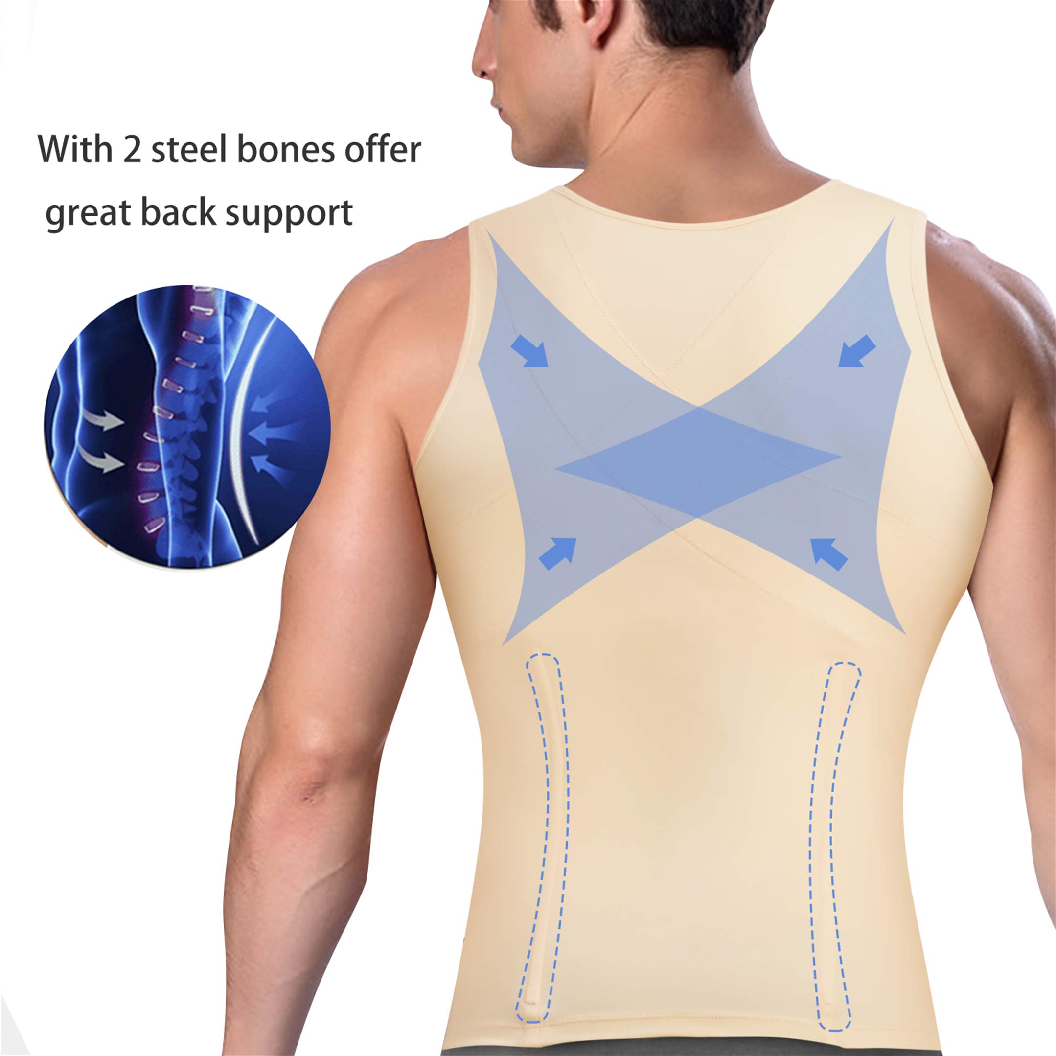 Eleady Men's Compression Shirt Undershirt Slimming Body Shaper Athletic Workout Shirts Tank Top Sport Vest with Zipper (Beige, Medium)