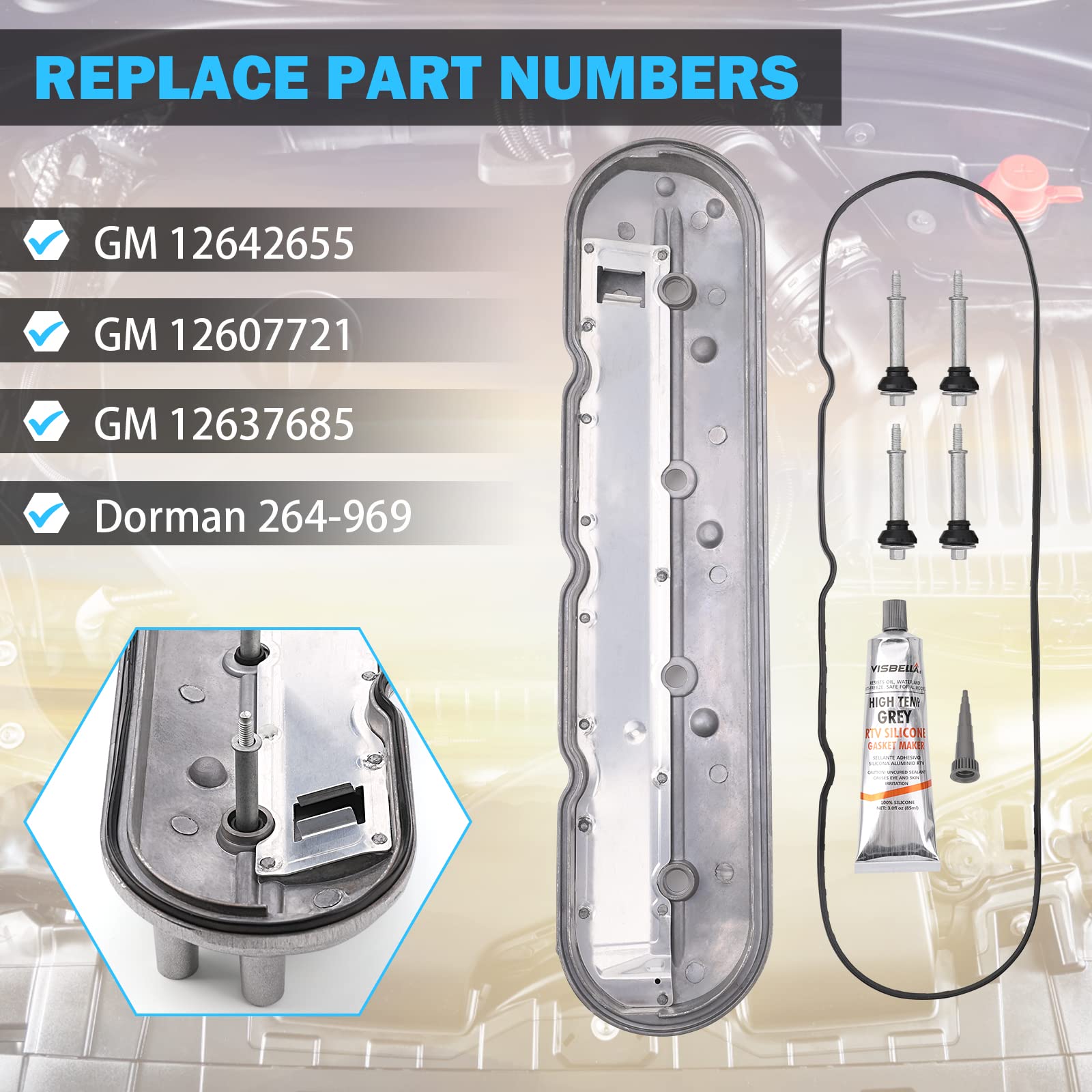 Driver Side Valve Cover with Gaskets - Compatible with 2011-2019 4.8L 5.3L 6.0L 6.2L Chevy Silverado, Suburban, Tahoe, Trailblazer, GMC Sierra, Yukon, Cadillac Escalade - Replace 12642655 264-969