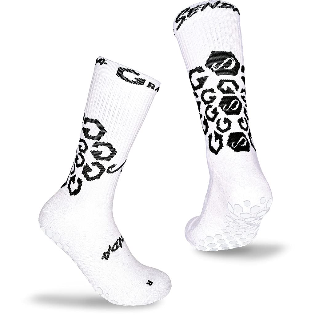 SENDA Gravity Pro Grip Socks with Non-Slip Technology, Soccer, Running, Basketball, Unisex, Crew Length, White/Black, Large