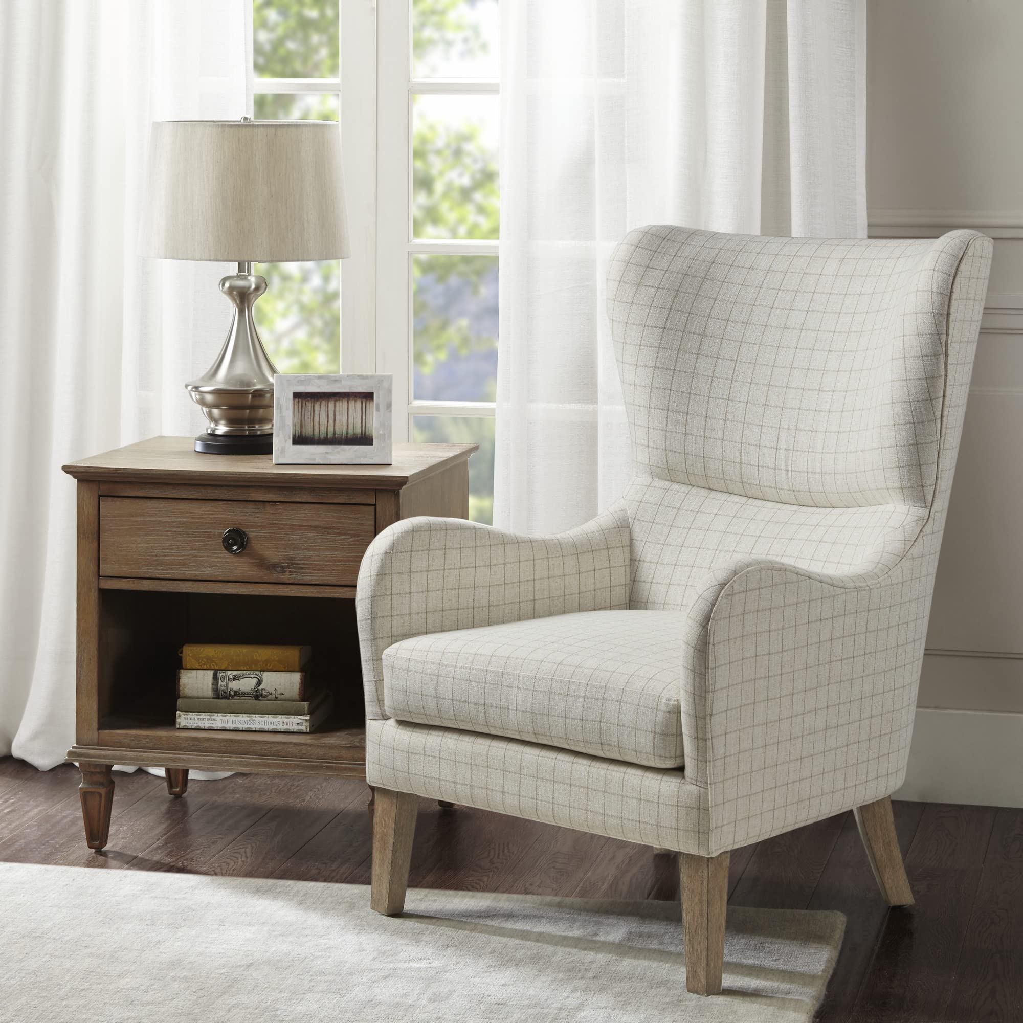 Madison Park Arianna Upholstered High Wingback Accent Chair with Solid Wood Legs and Rounded Arms, Pipped, Chic Transitional, Plaid Fabric Padded Cushion Seat Bedroom Lounge Comfy for Reading, Linen