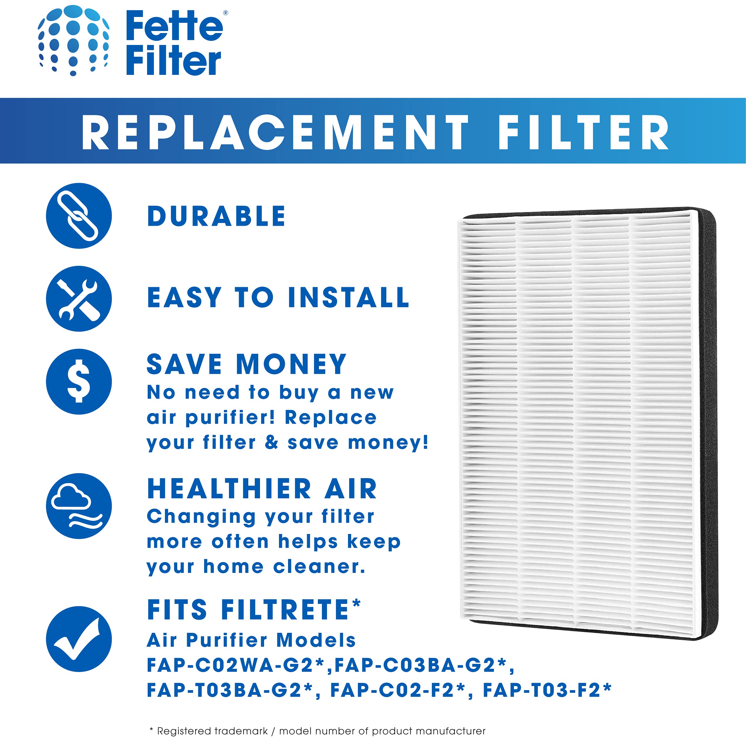 Fette Filter - 2 Premium True HEPA Filters Compatible with 3M Filtrete F2 Air Purifier Filter for Models #'s FAP-C02WA-G2,FAP-C03BA-G2, FAP-T03BA-G2, FAP-C02-F2, FAP-T03-F2 13"x8.2" - Pack of 2