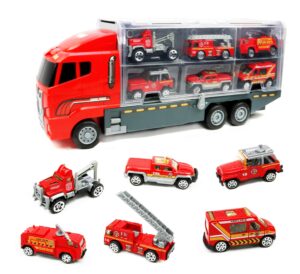 smart novelty die cast emergency trucks vehicles toy cars play set in carrier truck - 7 in 1 transport truck emergency car set for kids gifts (fire vehicle set)